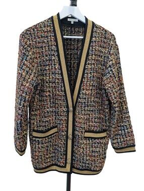 Ronny Kobo Brinn Tweed Cardigan XS Multicolor Gold Trim Button Front Jacket
